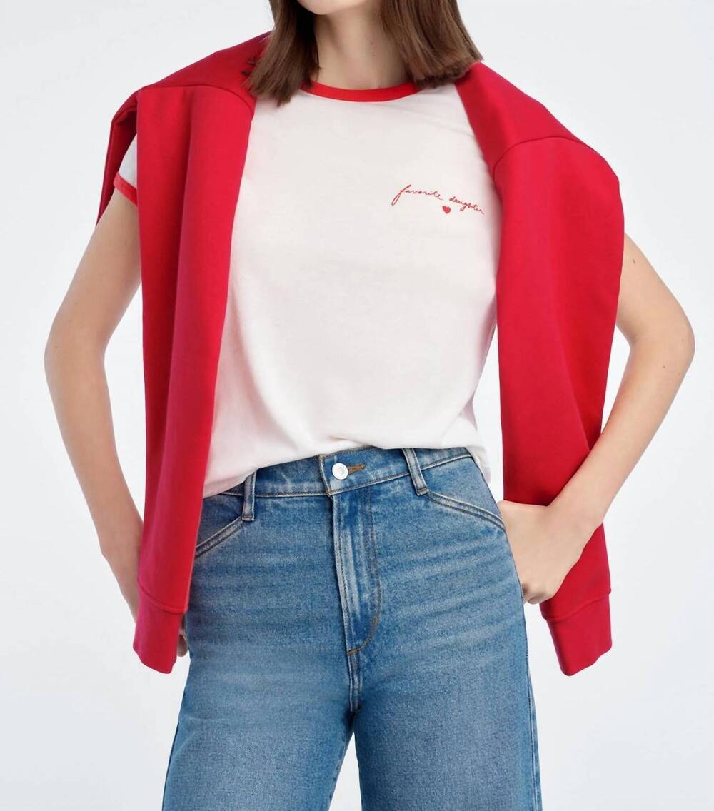 NEW FAVORITE DAUGHTER signature chest logo ringer tee in white/rouge red
